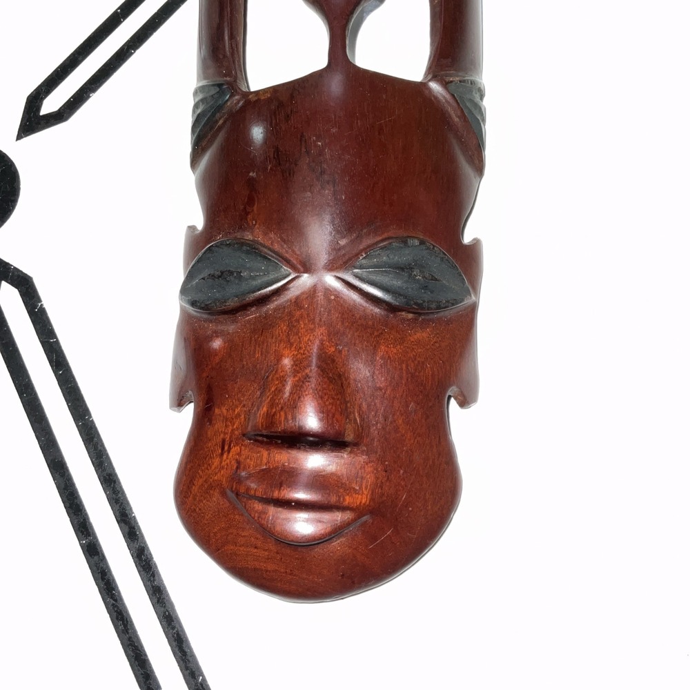 Hand Carved African Style Wooden Mask Wall Decor Red Brown Openwork Long Mask - Picture 2 of 16
